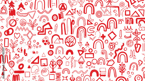 Whimsical red and white doodle pattern an abstract composition of shapes and objects