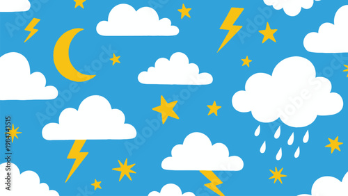 Whimsical weather pattern a playful design featuring clouds lightning stars a moon and raindrops on a blue background