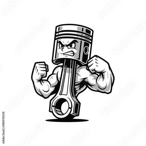 A cartoon piston mascot with a muscular build flexes its biceps with an aggressive expression, depicted in a bold, graphic style against a stark white background