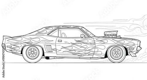 A classic muscle car featuring aggressive flame decals and a prominent supercharger speeds across the frame in this dynamic black and white line drawing.