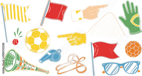 Colorful hand drawn illustrations of flags hands sports equipment and accessories on a white background