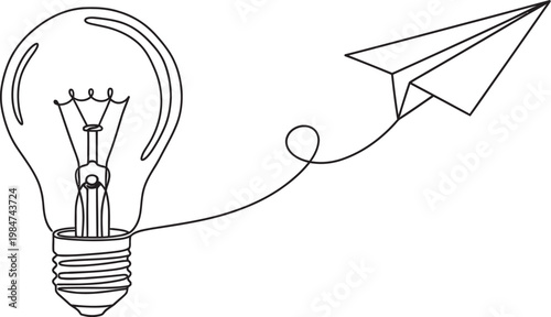 Sketch of an incandescent light bulb with a paper airplane flying from its filament representing innovation