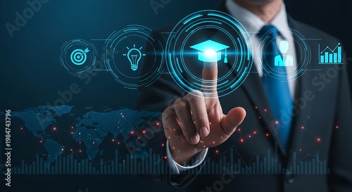 Businessman in suit interacting with digital education and graphs graduation cap