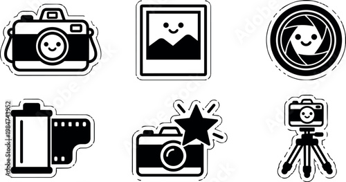 Black and white camera icons with smiling faces and photo elements