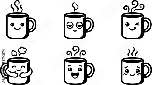 Black and white kawaii coffee mugs with six different smiling faces steaming