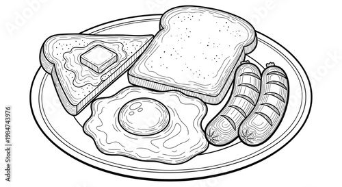 Engraving style illustration of a breakfast platter featuring two sausages, a fried egg, and two slices of toast with butter for a vintage culinary theme.