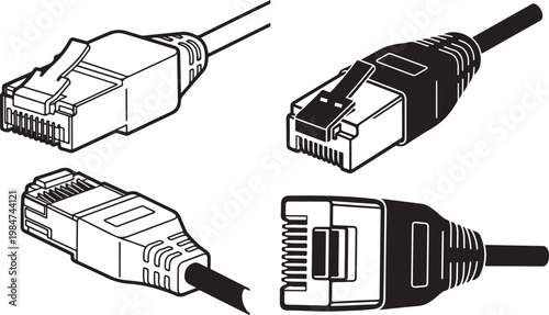 A detailed black outline depicts a rj45 ethernet cable connector showcasing modern technology and network connectivity silhouette.RJ45 connector silhouette vector illustration.