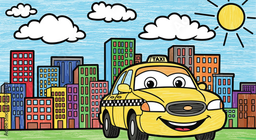 Happy yellow taxi cab with a friendly face drives through a bustling city landscape filled with colorful skyscrapers under a bright smiling sun above.