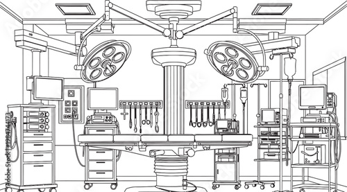 Detailed architectural sketch of a modern hospital operating room with advanced medical equipment and lighting systems