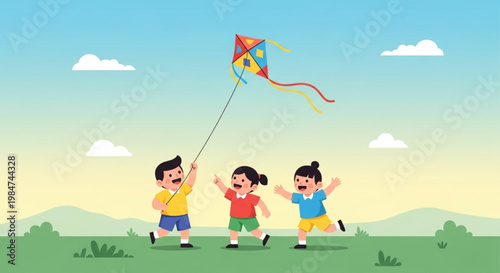 Joyful Children Flying a Colorful Kite in a Sunny Field