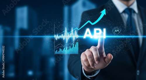 Businessman interacting with A P I interface graph and charts application programming interface suit