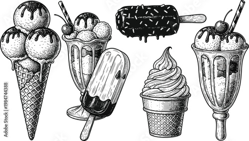 Vintage ice cream treats illustration a nostalgic collection of classic frozen dessert styles