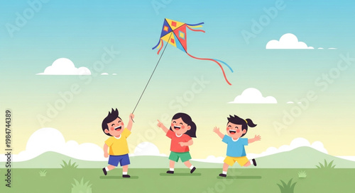 Children Playing Kite in the Meadow