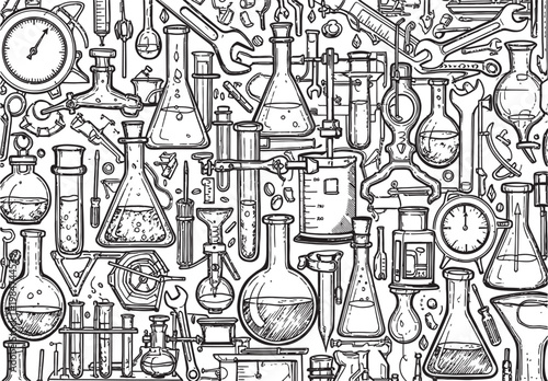 Intricate black and white illustration of vintage scientific glassware and laboratory equipment