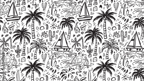 Tropical paradise sketch a seamless pattern of palm trees sailboats and waves in black and white