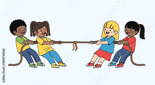 Kids Playing Tug of War Game with Two Teams Cartoon Illustration