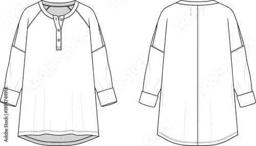 Women oversized long sleeve henley shirt technical fashion flat sketch vector illustration template with curved hem front and back view.