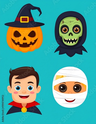 Halloween cartoon pumpkin with hat, zombie, vampire boy, and mummy head against a teal background