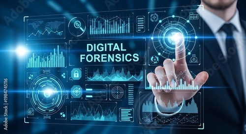 Businessman interacting with digital forensics interface displaying various graphs and charts on screen