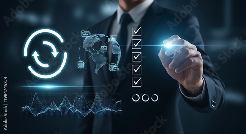 Businessman interacting with digital interface global data visualization suit global map