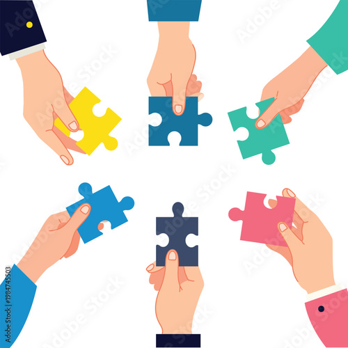 Hands with puzzle pieces contributing to the whole. Team work, consolidating effort concept. Flat design style. 