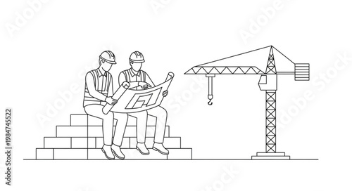 Two construction workers reviewing blueprint on site.