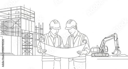 Two Construction Workers Reviewing Blueprint Plans Together.