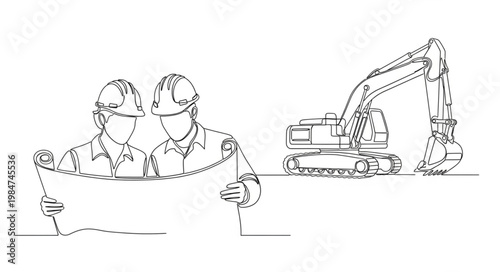 Two Construction Workers Reviewing Blueprints At Site.