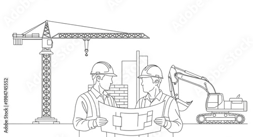 Two construction workers reviewing blueprints on site.