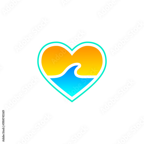 Ocean wave sunset sky in a heart shape design, surfer theme inspiration graphic illustration, island life warm heart, wave pulse, tropical love