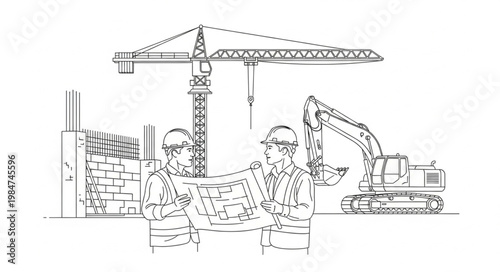 Two construction workers reviewing blueprint plans together.