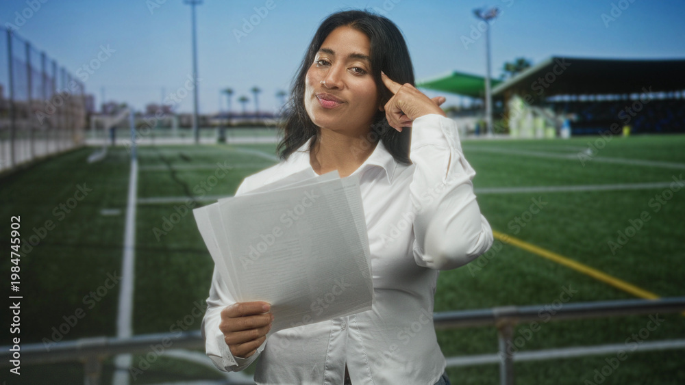 Fototapeta premium Woman holding papers and points finger to temple at a soccer stadium building while speaking into camera; confidence persuasion.