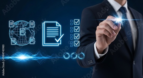 Businessman interacting with digital interface on dark blue background with suit and glowing blue checklist document