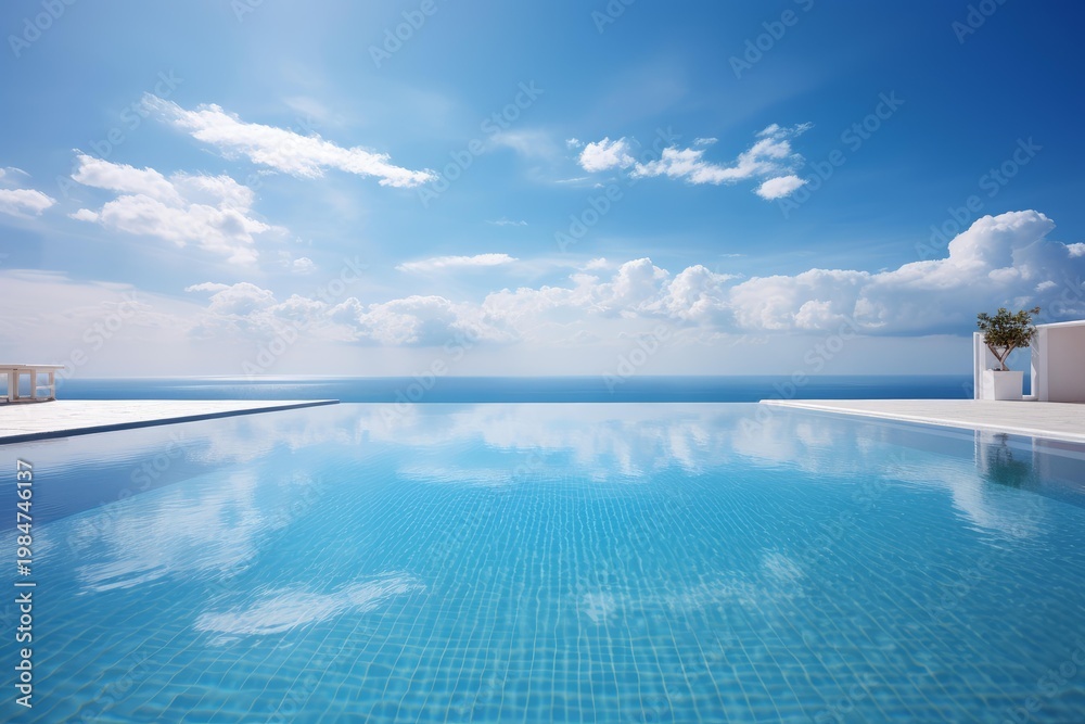 Obraz premium Infinity pool offers a tranquil ocean view with clouds reflecting on the water surface