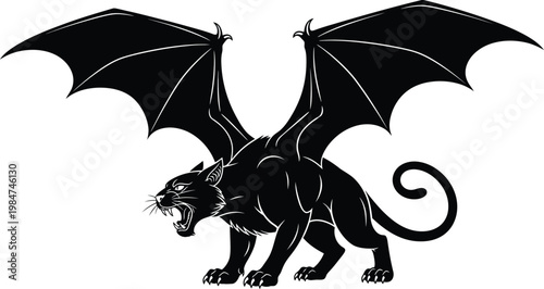 A black creature with wings and a tail standing on four legs and roaring loudly