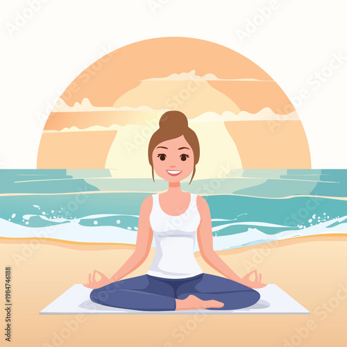 Woman meditating on beach with sunset in cartoon illustration