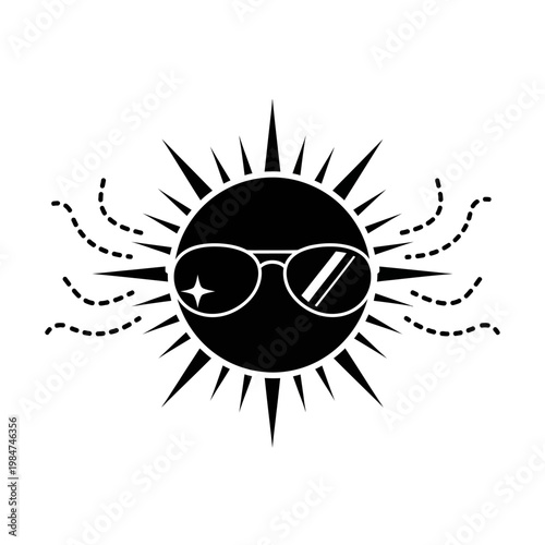 Fun, black sun icon with sunglasses, summer symbol, vector graphic, illustration