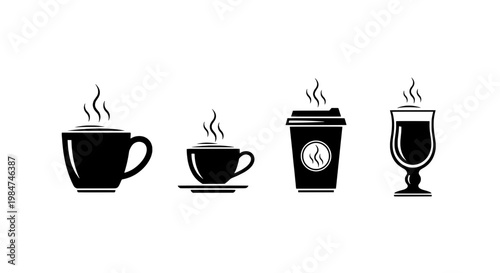 Cups coffee icon set with black silhouettes and steam rising featuring cup, silhouette, hot with beverage and drink elements for tea, mug projects,