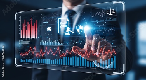 Businessman interacting with futuristic digital dashboard displaying graphs charts and data visualizations on transparent screen