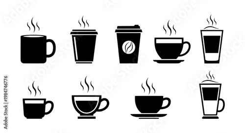 Cups coffee icons with steam rising in black silhouette styles featuring cup, mug, tea cup with hot drink and beverage elements for icon, icon set