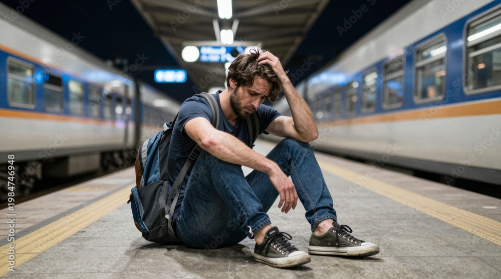 Fototapeta premium Sad man sitting alone at train station during night time