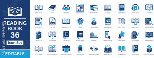 Reading Book solid icon set of 36 icons . Education, library, e book, audiobook, knowledge and learning elements. Vector illustration.