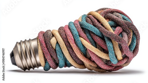 Creative diversity concept symbolizing strong ideas and innovation, featuring a light bulb made of diverse ropes representing creative thinking and business solutions, isolated on a white background.