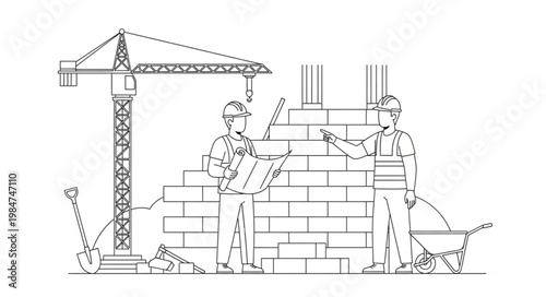 Two construction workers building a brick wall.