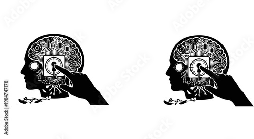 Minimalist vector illustration featuring human head silhouettes with mechanical gears and circuits pressed by hand, symbolizing AI control.