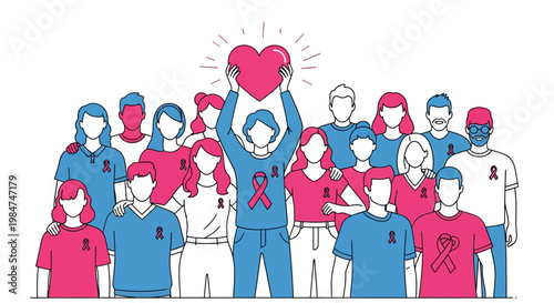 Diverse Group of People Supporting Cancer Awareness with Heart.