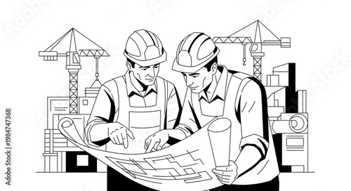 Two Construction Engineers Reviewing Large Blueprint Plans.