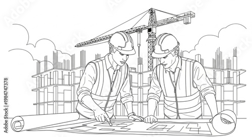 Two construction engineers reviewing blueprints together on site.