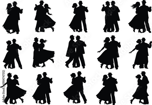 Silhouettes of couples dancing ballroom and swing dance styles with black and white silhouette ballroom movement togetherness elegance collection activity celebration expression artistic