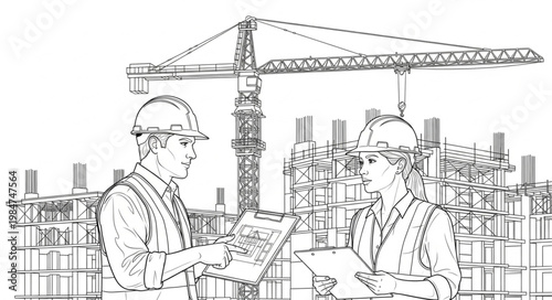 Two Construction Workers Examining Blueprint Plans.